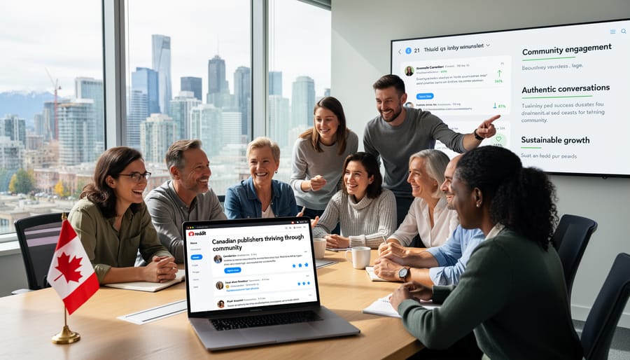 Diverse team collaborating authentically at workspace with laptops and materials