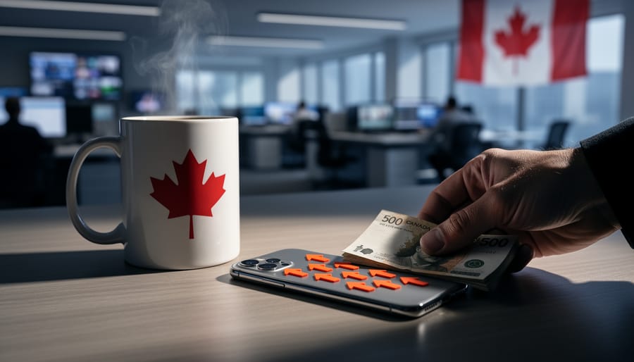 Smartphone with orange up-arrow stickers on a Canadian newsroom desk beside a maple leaf mug, as a shadowy hand slides cash underneath; blurred newsroom and flag in the background