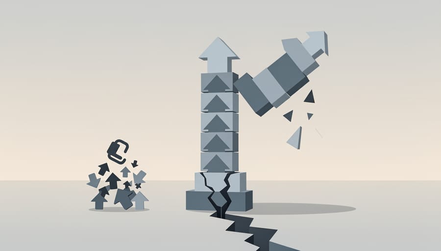 House of cards collapsing on desk with scattered business materials