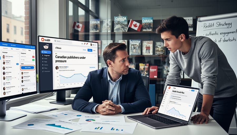 Person's hands poised over keyboard while viewing Reddit on computer screen in office setting