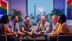 Diverse LGBTQ+ adults in a queer-friendly Toronto vape lounge at eye level, one holding a sleek vape as subtle vapor drifts, with neon-lit evening ambiance, blurred Pride flags, and a window hinting at the CN Tower in the background.