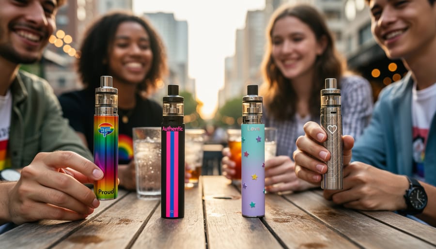 Close-up of hands holding customized colorful vape device with artistic design