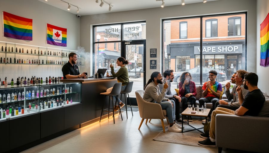 Diverse group of people socializing outside LGBTQ+-friendly vape shop with rainbow flag