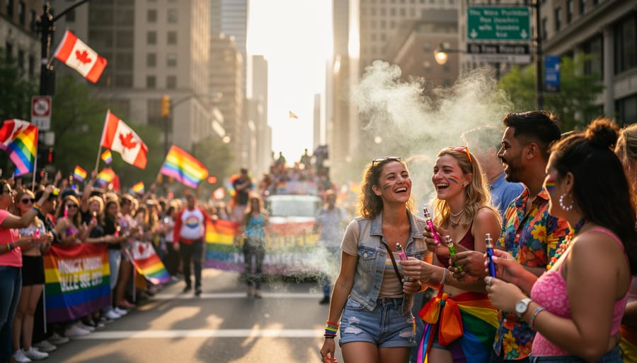 Outdoor Pride festival scene with diverse crowd, vendor booths and rainbow decorations