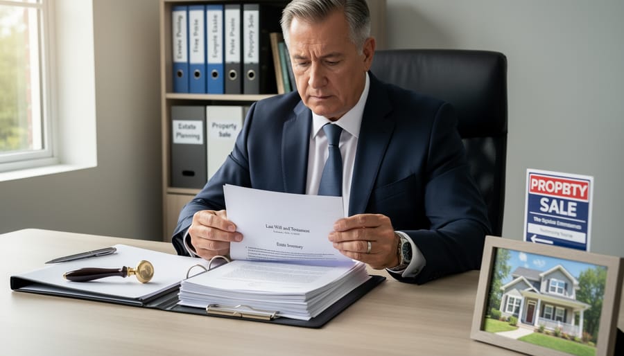 A lawyer holding a binder of estate documents in a Canadian office setting