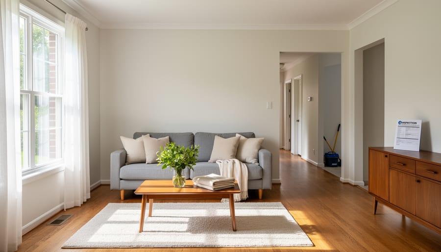 An empty, staged living room being inspected with daylight from side windows