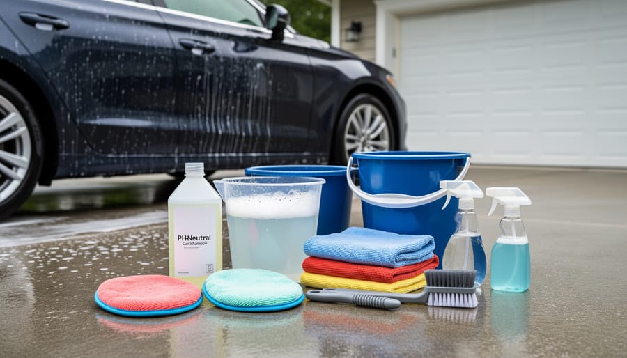 Car washing supplies including a pH-neutral shampoo bottle and microfiber mitt in a Canadian garage