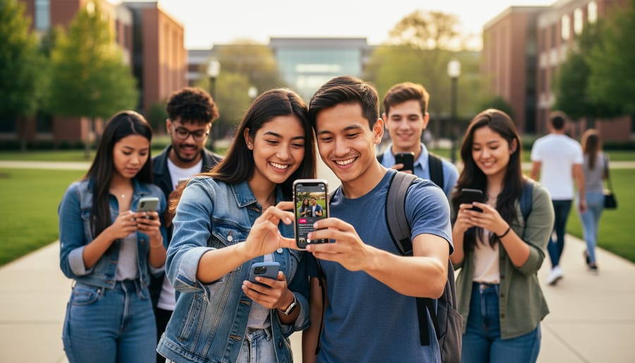 Close-up of a student’s hand holding a smartphone with a video playing, with the campus background blurred