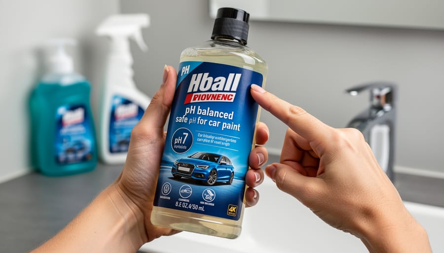 Close-up of hands holding a car shampoo bottle in a garage while checking the product packaging details