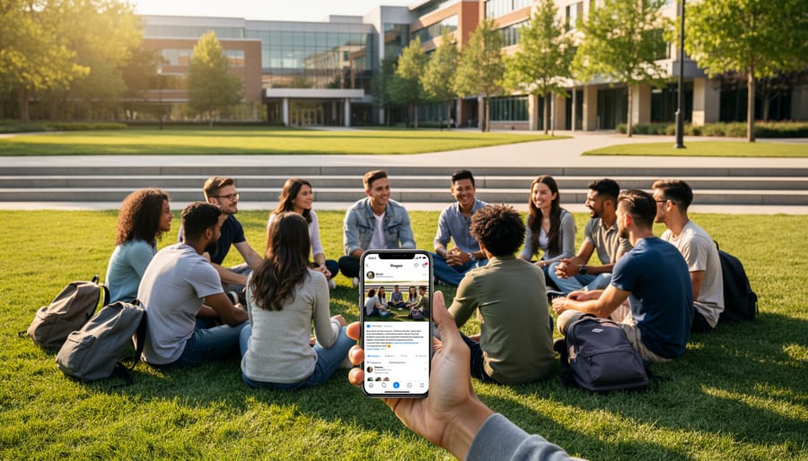 Diverse university students sitting together outdoors, with one student holding a phone while others talk and listen