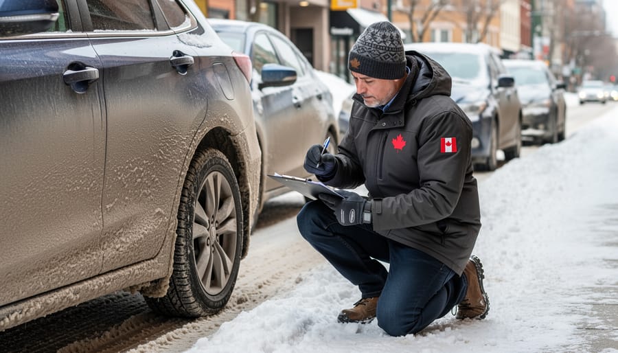 Driver holding a car shampoo bottle and looking at a phone while a wintery driveway is blurred in the background