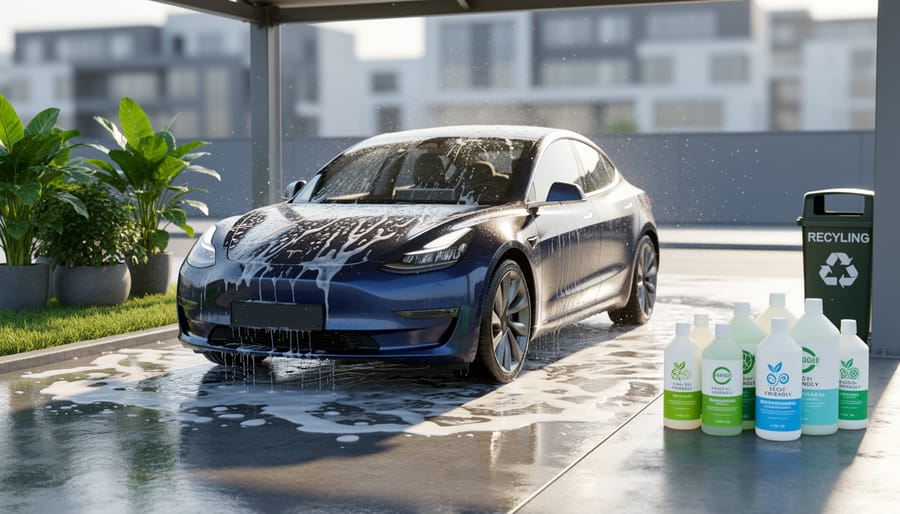Eco-friendly plant sprigs beside a bucket of car wash solution in a Canadian garage setting
