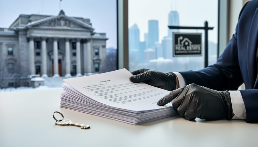 Legal documents and a house key placed on a table with a blurred Canadian courthouse in the background, representing the steps to sell an inherited property in Canada.