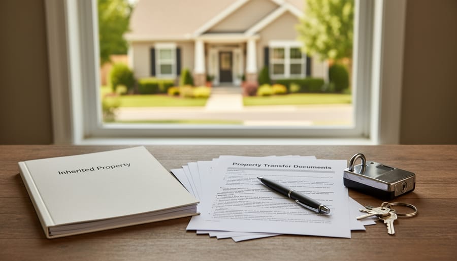 Keys and estate paperwork placed on a table near a window overlooking a house