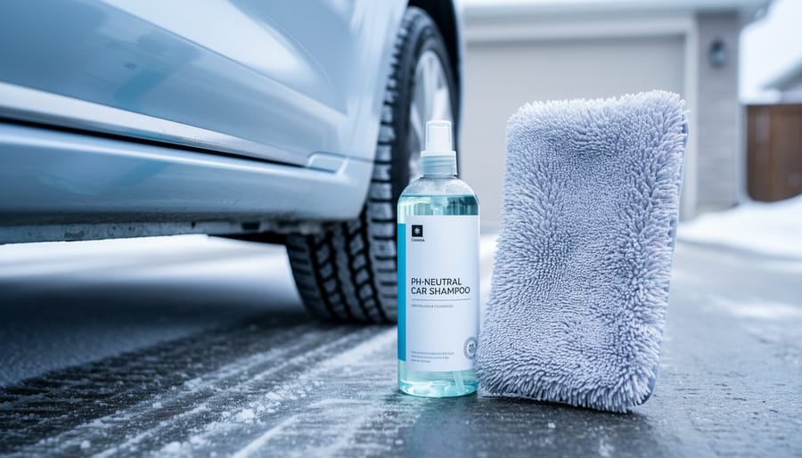 Microfiber wash mitt and pH-neutral car shampoo bottle beside a glossy car fender on a winter driveway in Canada.