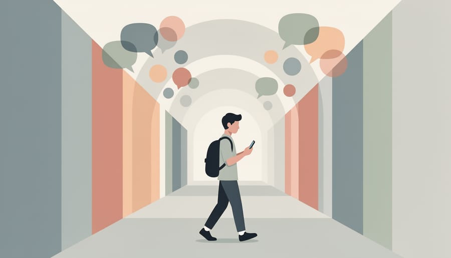 Student walking through a university hallway with colorful posters and flyers in the background, text not readable