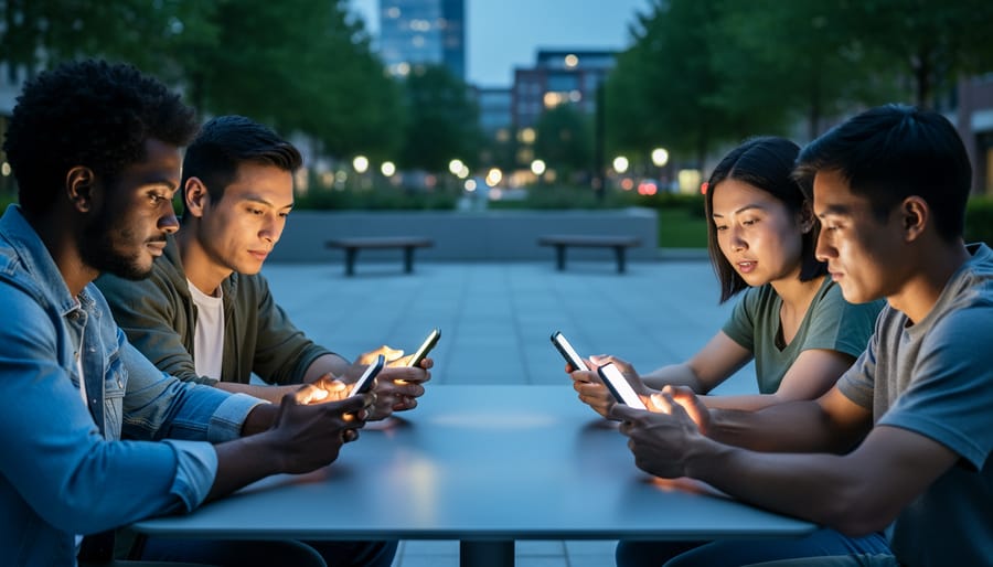 Diverse young adults sitting together at night with glowing smartphones, representing community learning and shared storytelling on TikTok about diversity and discrimination.