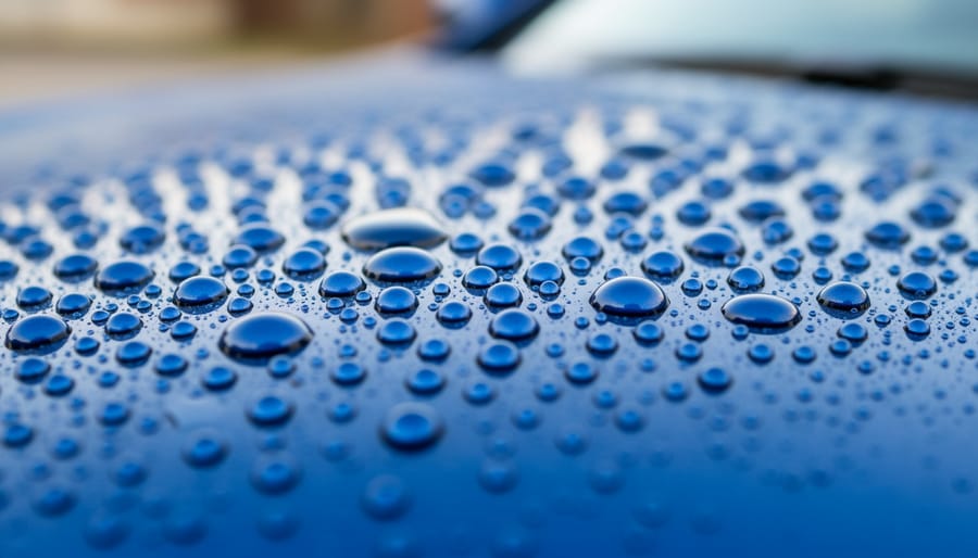 Water beading on a car hood in warm sunlight indicating surface protection