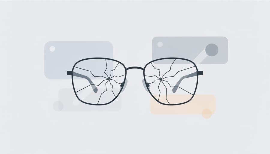 Cracked eyeglasses resting on a desk beside books and an envelope