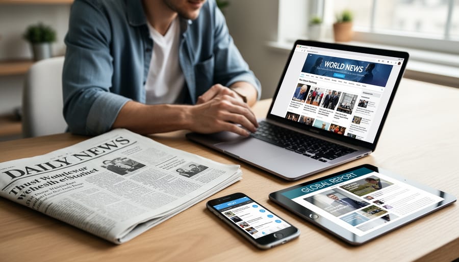 Hands holding a newspaper and smartphone over a wooden table with blurred news items in the background