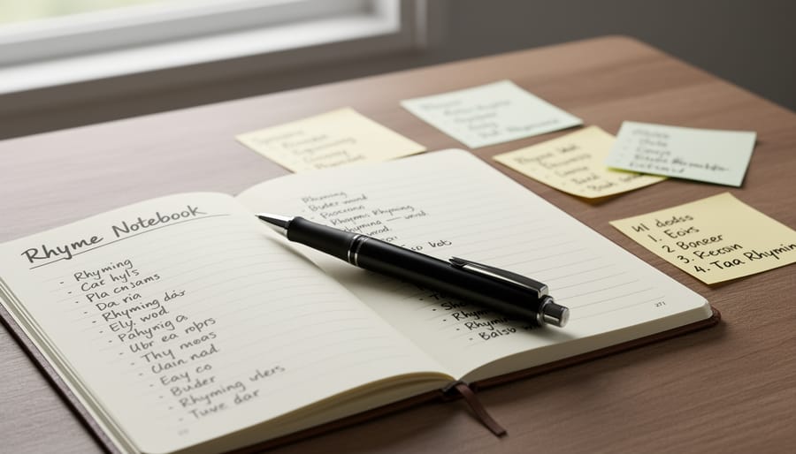 Close-up of a notebook page with handwritten rap rhymes and a pen on a desk.