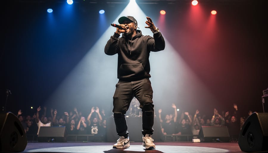 Rapper performing onstage with a microphone under dramatic stage lights.
