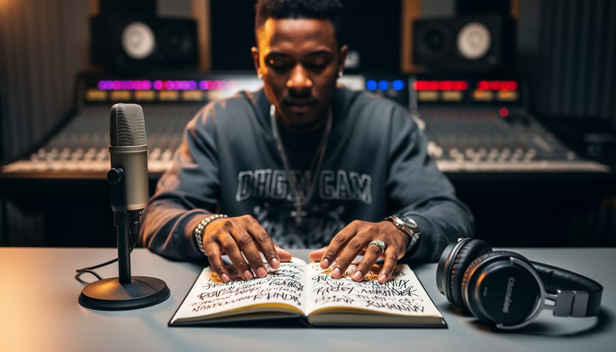 Close-up of a hip-hop lyric writer at a studio desk with an open notebook, studio headphones, and a microphone, symbolizing rhyme craft and songwriting.