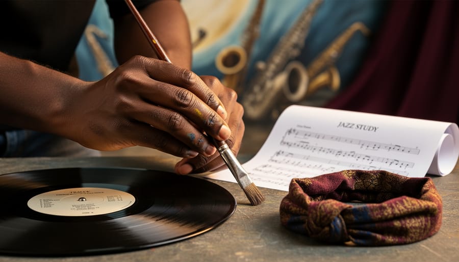 Close-up of a Black artist’s hands painting beside musical and fashion elements on a studio table, with blurred mural artwork in the background.