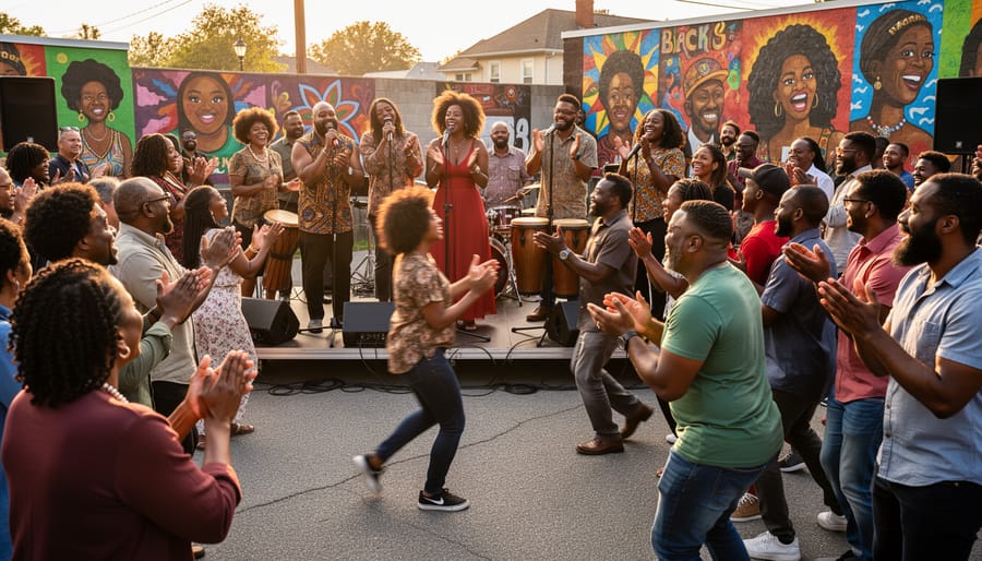 A group of Black artists performs together at a community arts venue, including a poet at a microphone, dancers, and a guitarist.