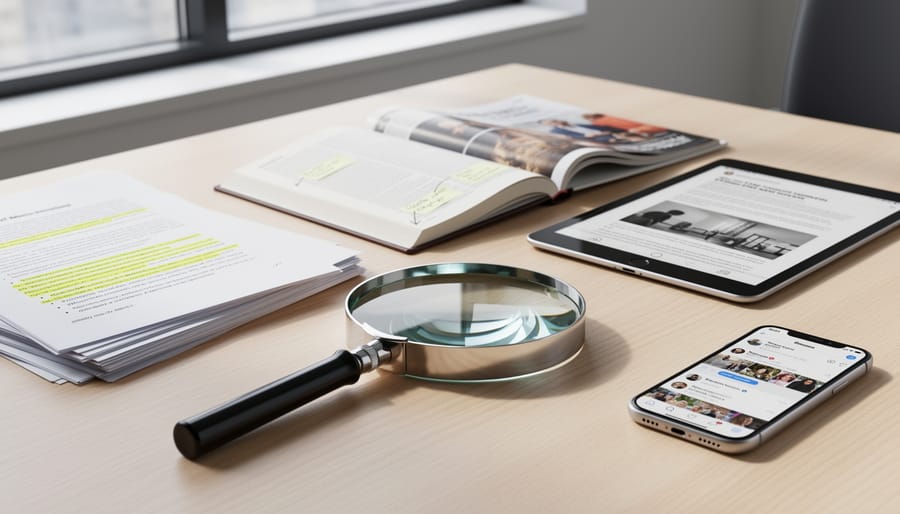 Magnifying glass on a desk next to blurred printed magazines, a microphone, and a remote control