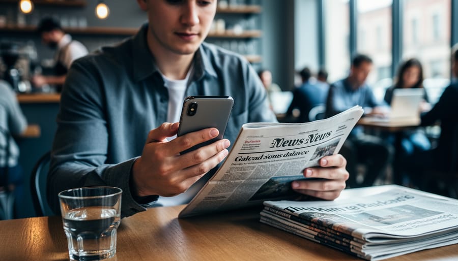 A young adult holds a smartphone and a printed newspaper at a café table while the background appears busy and blurred, suggesting the search for trustworthy news.