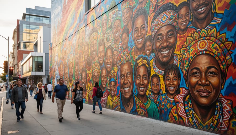 A colorful mural on a building wall with abstract figures and African-inspired patterns in golden hour light.