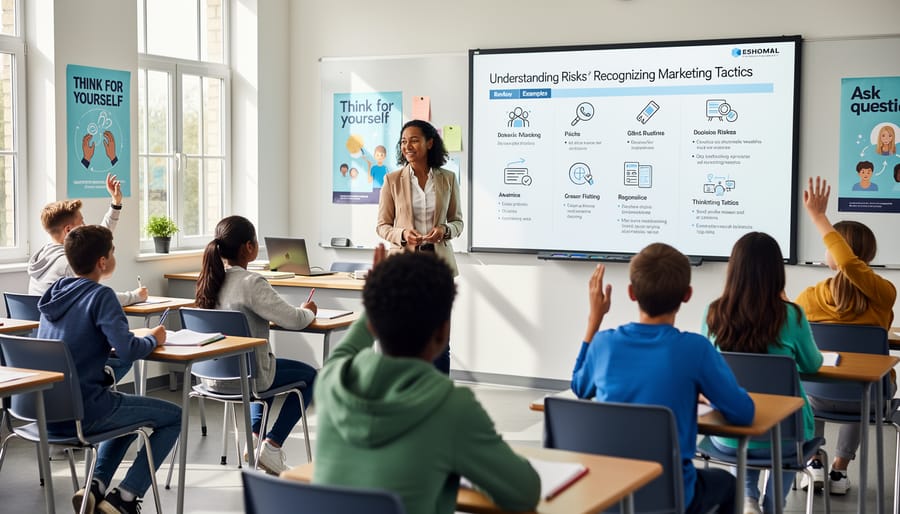 Teacher preparing educational materials in a classroom while students look on attentively