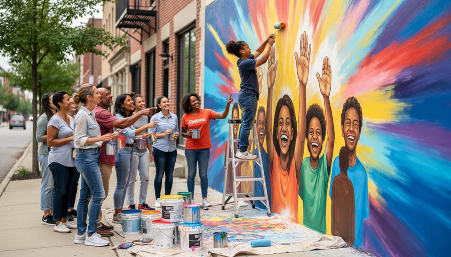 A Black artist spray-painting a mural on a city wall with the hands and fresh paint in focus.
