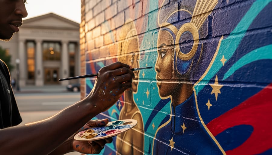 A Black artist’s hands painting a vibrant mural on a brick wall featuring regal stylized Black figures and Afrofuturist color and shapes, photographed in golden hour light.