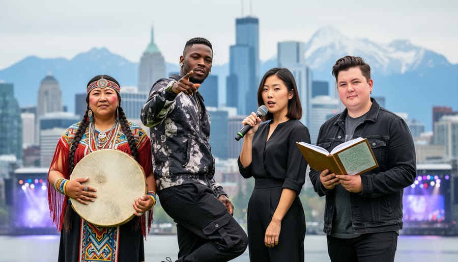 Diverse Canadian creators, including an Indigenous musician with a drum, a Black hip-hop dancer, an Asian-Canadian woman with a microphone, and a trans creator holding a script book, standing together with blurred city and stage lights behind them.