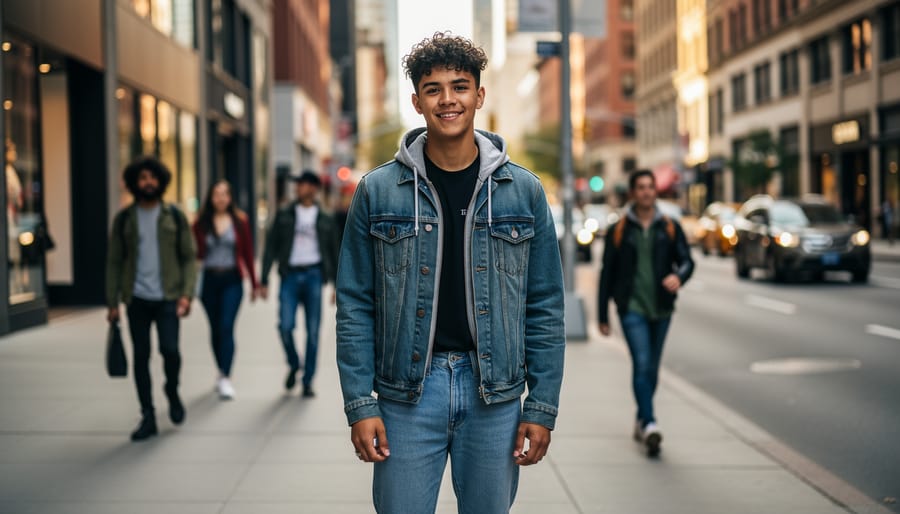 Person standing in a Canadian city street wearing a tailored blazer and gender-affirming outfit with subtle jewelry.