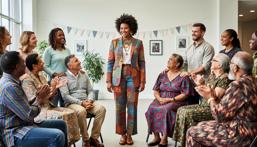 People in a cozy Canadian community room dressed in diverse gender expressions, chatting and admiring clothing and accessories.