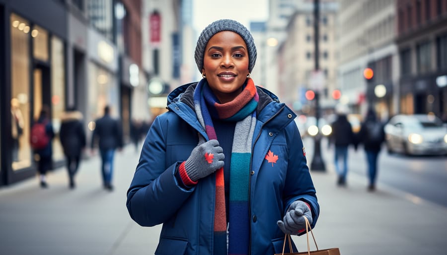 A person adjusting a tailored jacket in a Canadian city street, with soft daylight and blurred storefronts behind them, illustrating gender expression through clothing.