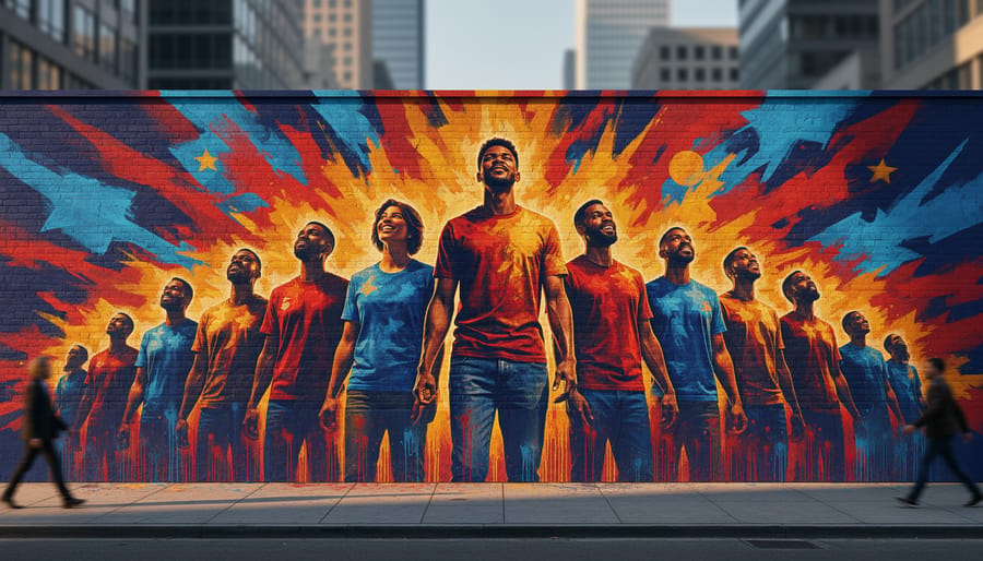 Wide view of a vibrant mural on a building wall featuring powerful Black figures and symbolic art.