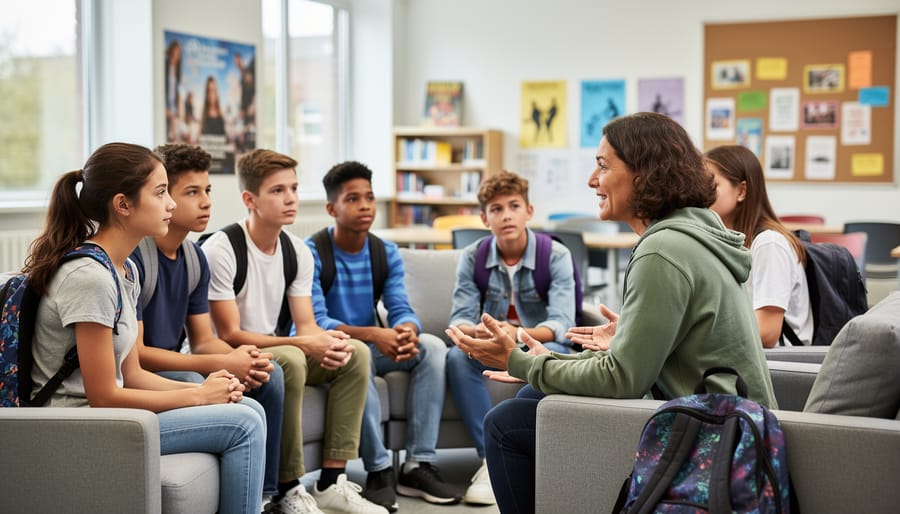Diverse teens in a school hallway with an adult listening supportively in a judgment-free setting