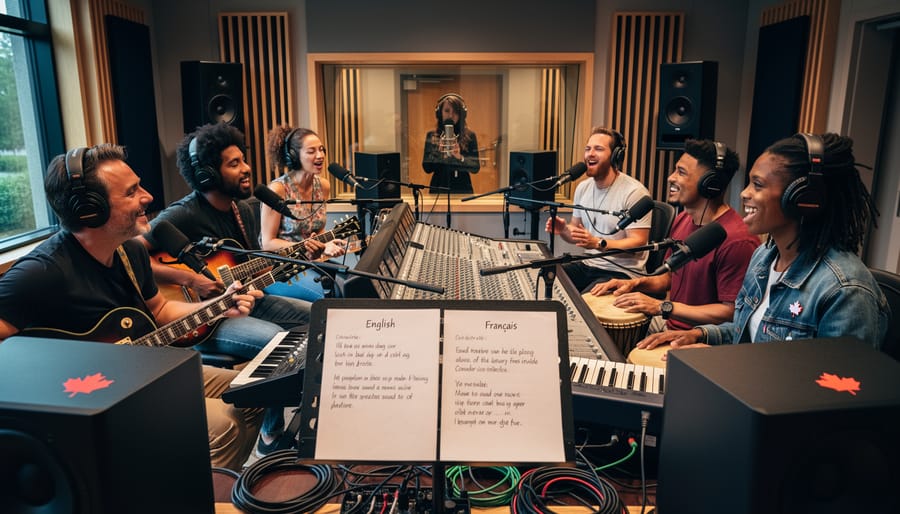 A musician holding a microphone inside a warmly lit recording studio with out-of-focus music materials in hand.