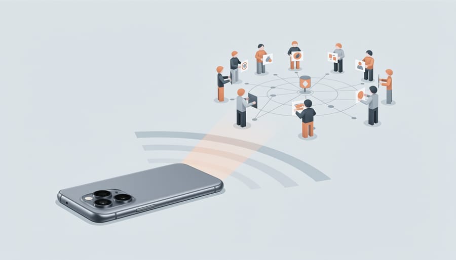 A hand holding a smartphone in the foreground with a blurred community recording setup in the background.