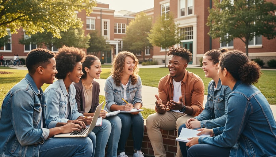 Diverse teens in a community center circle meeting with one teen holding a phone without visible content