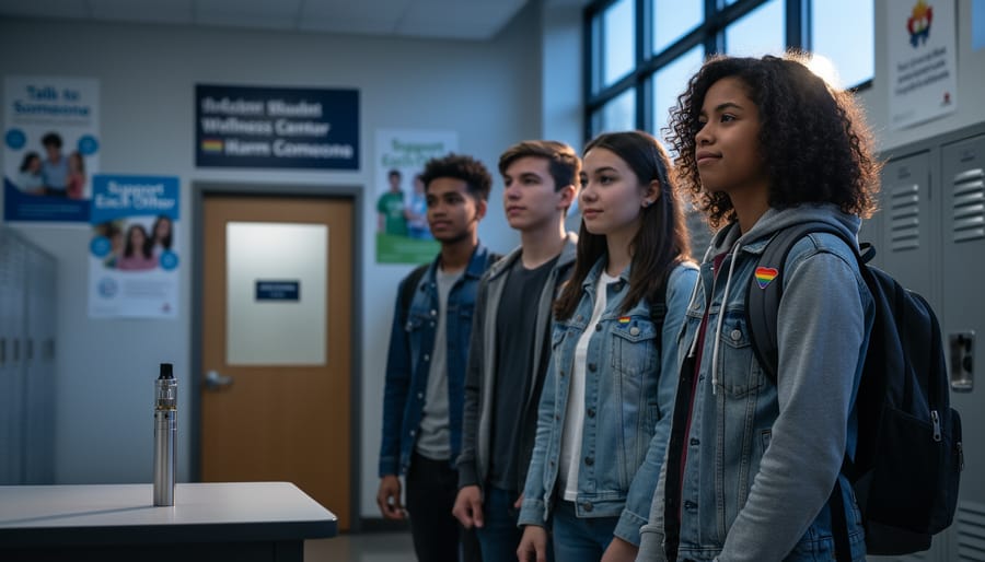Diverse teens in a high school hallway appear to choose not to engage with a vaping device placed on a table nearby, conveying youth vaping prevention through supportive environments.